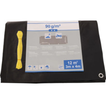 Schwarze Abdeckplane mit gelbem Befestigungsseil, 12 Quadratmeter, 3 Meter mal 4 Meter