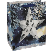 Geschenktüte mit Sternmotiv und weihnachtlichem Hintergrund