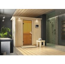 Moderne Sauna mit Glastür und digitalem Bedienfeld in einem Badezimmer mit Dusche.