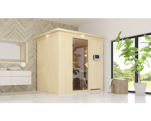 Moderne Badezimmerszene mit einer Holzsauna, einem Waschtisch und einem Spiegel