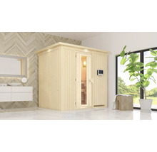Badezimmer mit Holzsauna, Waschbecken und Spiegel