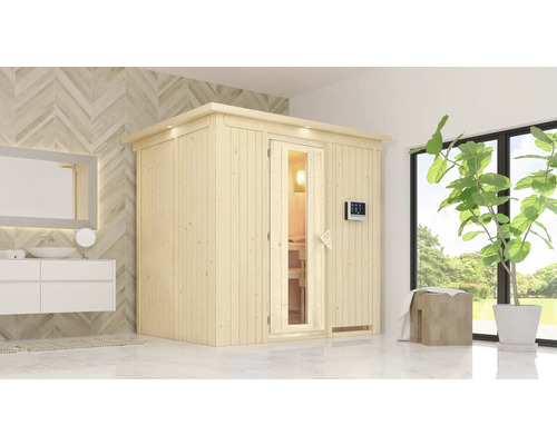 Elementsauna Karibu Bodina inkl. 9 kW Ofen u.ext.Steuerung mit Dachkranz und Holztüre mit Isolierglas wärmegedämmt Badezimmer mit Holzsauna, Waschbecken und Spiegel