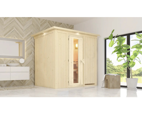 Elementsauna Karibu Bodina inkl. 9 kW Ofen u.integr.Steuerung mit Dachkranz und Holztüre mit Isolierglas wärmegedämmt Badezimmer mit Holzsauna, Waschbecken und Spiegel