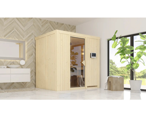 Elementsauna Karibu Bodina inkl. 9 kW Ofen u.ext.Steuerung ohne Dachkranz mit bronzierter Ganzglastüre Holzsauna mit Glastür und digitalem Bedienfeld in einem hellen Badezimmer.