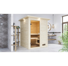 Holzsauna mit Glastür in Badezimmerumgebung
