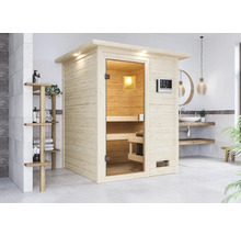 Moderne Badezimmerszene mit Holzsauna, Regal und Waschtisch