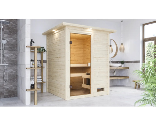 Blockbohlensauna Karibu Sandra inkl.9 kW Ofen u.integr.Steuerung mit Dachkranz und bronzierter Ganzglastüre Innenraumaufnahme eines Badezimmers mit einer Sauna aus Holz