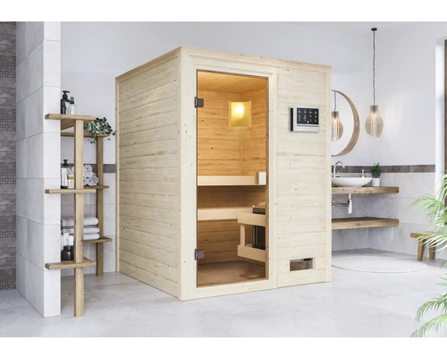 Blockbohlensauna Karibu Sandra inkl.9 kW Bio Ofen u.ext.Steuerung ohne Dachkranz mit bronzierter Ganzglastüre Innenraumbild eines Badezimmers mit einer freistehenden Holzsauna mit Glastür und einem Bedienfeld an der Außenseite