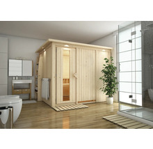 Moderne Badezimmereinrichtung mit Holzsauna und Dusche