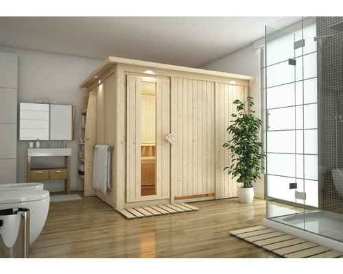 Elementsauna Karibu Gobina ohne Ofen mit Dachkranz und Holztüre mit Isolierglas wärmegedämmt Moderne Badezimmereinrichtung mit Holzsauna und Dusche