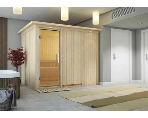 Elementsauna Karibu Gobina inkl. 9 kW Ofen u.integr.Steuerung mit Dachkranz und Ganzglastüre aus Klarglas Finnische Sauna mit Glastür in einem Badezimmer
