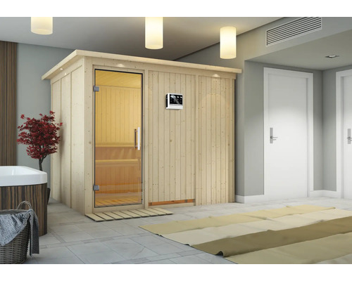 Elementsauna Karibu Gobina inkl. 9 kW Bio Ofen u.ext.Steuerung mit Dachkranz und Ganzglastüre aus Klarglas Holzsauna mit Glastür und digitalem Bedienfeld in einem Badezimmer.