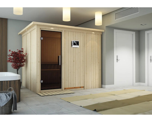 Elementsauna Karibu Gobina inkl. 9 kW Ofen u.ext.Steuerung mit Dachkranz und graphitfarbiger Ganzglastüre Holzsauna mit Glastür und digitaler Steuerung im Badezimmer