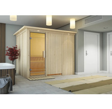 Sauna aus Holz mit Glastür in einem Badezimmer