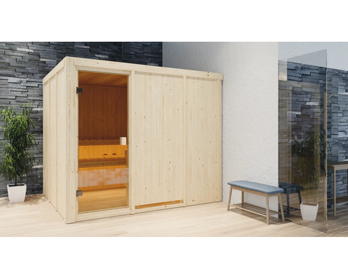 Elementsauna Karibu Nybro inkl. 9 kW Ofen u.integr.Steuerung ohne Dachkranz mit bronzierter Ganzglastüre Holzsauna mit Glastür und Sitzbank im Innenraum