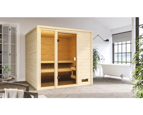 Blockbohlensauna Karibu Jutta inkl.9 kW Ofen u.integr.Steuerung ohne Dachkranz mit bronzierter Ganzglastüre Innenraumsauna aus Holz mit Glastür im Badezimmer