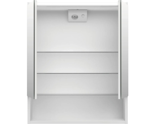 Offener Spiegelschrank mit Steckdose und mehreren Regalböden zur Badezimmeraufbewahrung