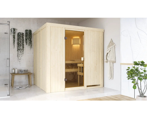 Holzsauna mit Glastür in hellem Badezimmer