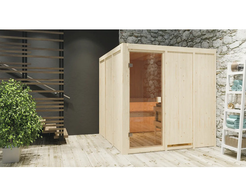 Elementsauna Karibu Oulu inkl. 9 kW Ofen u.integr.Steuerung ohne Dachkranz mit bronzierter Ganzglastüre Holzsauna mit Glastür und Holzregal im Raum
