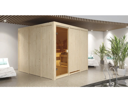 Elementsauna Karibu Arvika ohne Ofen und Dachkranz mit bronzierter Ganzglastüre Holzsauna mit Glastür in einem Wellnessbereich mit Pool und Liegen