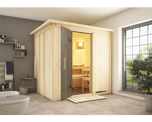 Elementsauna Karibu Sodina inkl. 9 kW Ofen u.integr.Steuerung mit Dachkranz und graphitfarbiger Ganzglastüre Holzsauna mit Glastür in einem Badezimmer