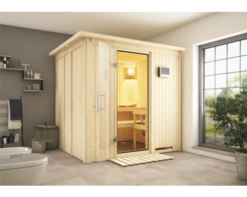 Elementsauna Karibu Sodina inkl. 9 kW Bio Ofen u.ext.Steuerung mit Dachkranz und Ganzglastüre aus Klarglas Holzsauna mit Glastür in einem hellen Badezimmer