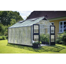 Gewächshaus mit geöffneten Türen im Garten