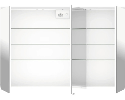 Offener Spiegelschrank mit Einlegeböden, Steckdose und Beleuchtung