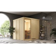 Holzsauna mit Glastür im modernen Badezimmer