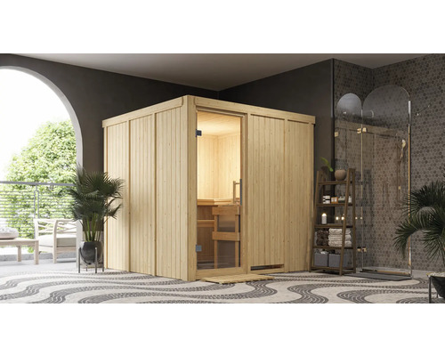 Elementsauna Karibu Rodina ohne Ofen ohne Dachkranz mit Ganzglastüre aus Klarglas Holzsauna mit Glastür im modernen Badezimmer
