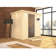 Holzsauna mit Glastür, Innenbeleuchtung und digitalem Bedienfeld in einem hellen Raum
