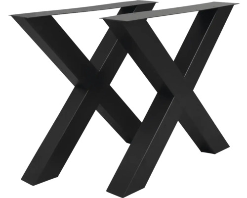 Zwei X-förmige Tischkufen aus schwarzem Metall.