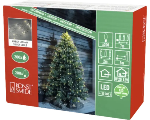 Verpackung einer Lichterkette mit 200 bernsteinfarbenen LEDs mit silbernem Kabel für den Innenbereich