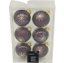 Sechs violette Weihnachtskugeln aus Glas mit Sternmuster in Verpackung