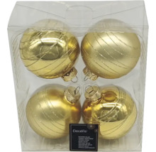Vier goldfarbene Christbaumkugeln aus Glas in transparenter Verpackung.