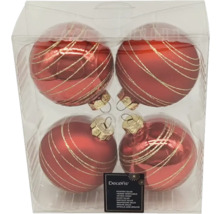 Vier rote Weihnachtskugeln aus Glas mit goldenen Streifen im Set