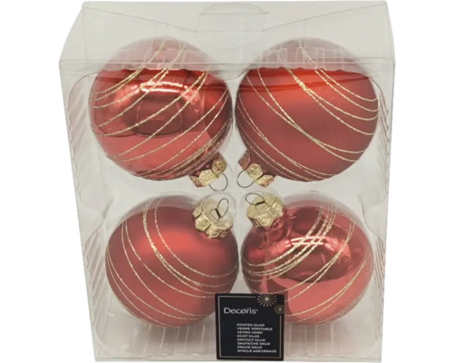 Vier rote Weihnachtskugeln aus Glas mit goldenen Streifen im Set