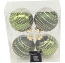 Vier grüne Weihnachtskugeln aus Glas mit Streifen im Karton