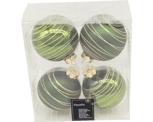 Vier grüne Weihnachtskugeln aus Glas mit Streifen im Karton