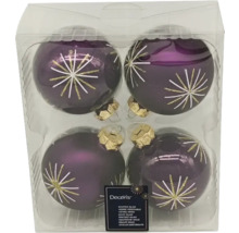Vier violette Weihnachtskugeln aus Glas mit Dekor im durchsichtigen Kunststoffbehälter