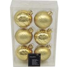 Sechs goldene Weihnachtskugeln aus Glas in transparenter Verpackung.