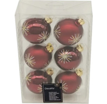 Sechs rote Weihnachtskugeln aus Glas mit Sternmuster in einer transparenten Verpackung.