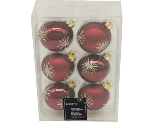 Sechs rote Weihnachtskugeln aus Glas mit Sternmuster in einer transparenten Verpackung.