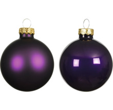 Zwei violette Weihnachtskugeln mit goldener Aufhängung