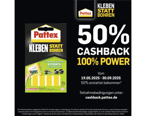 Pattex Kleben statt Bohren, wiederablösbare Klebestreifen, 50 Prozent Cashback Aktion