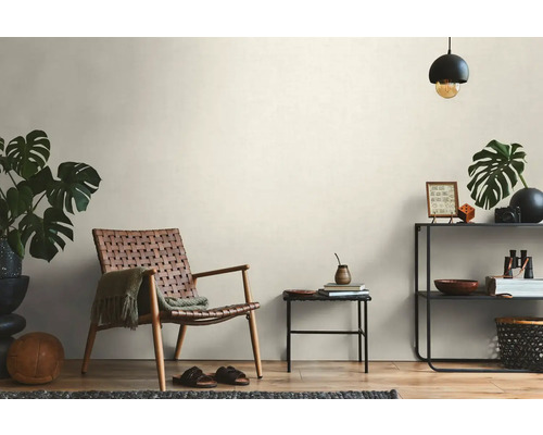 Wohnzimmer mit Korbsessel, Regal und Zimmerpflanzen für eine gemütliche Atmosphäre