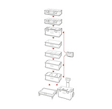Illustration einer modularen Werkzeugaufbewahrungslösung mit verschiedenen Boxen, Trays und einem Trolley