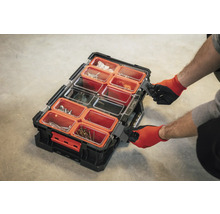 Werkzeugkoffer mit transparentem Deckel und mehreren Fächern für Schrauben und Kleinteile