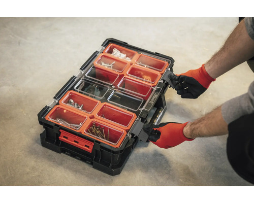 Werkzeugkoffer mit transparentem Deckel und mehreren Fächern für Schrauben und Kleinteile