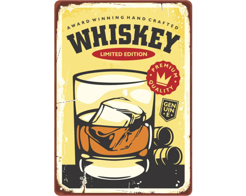 Whiskey Blechschild im Retrodesign mit Whiskeyglas und Eiswürfeln